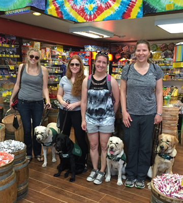 Allison, Remy, Megan, and Rachel with yellow lab Nabu, yellow lab Julep, black lab Aria, and yellow lab Lodi