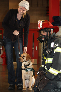 Allison with yellow lab, Gertrude