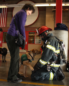 Susan with yellow lab, Opie